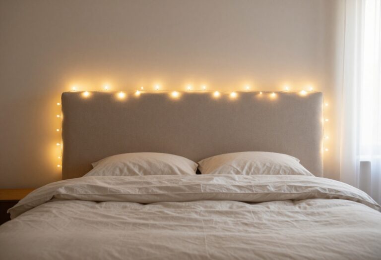 Cozy bedroom with warm white fairy lights wrapped around an upholstered headboard, creating a soft glowing halo above the bed