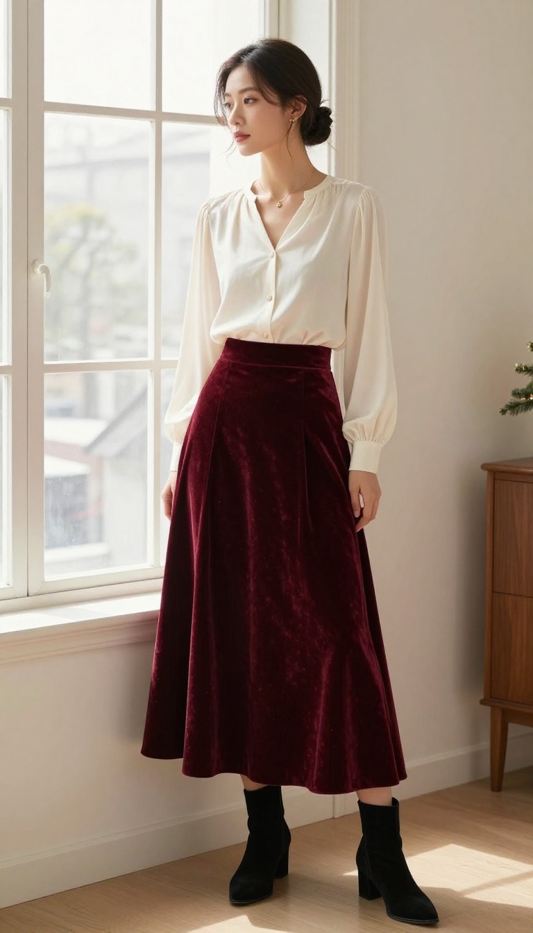 4. Velvet Maxi Skirt with a Silk Blouse and Heeled Boots