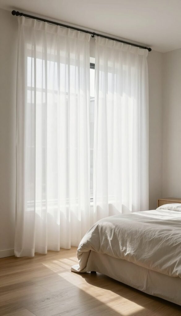 Bright bedroom with floor-to-ceiling sheer white curtains that make the space feel taller and softly diffuse natural light