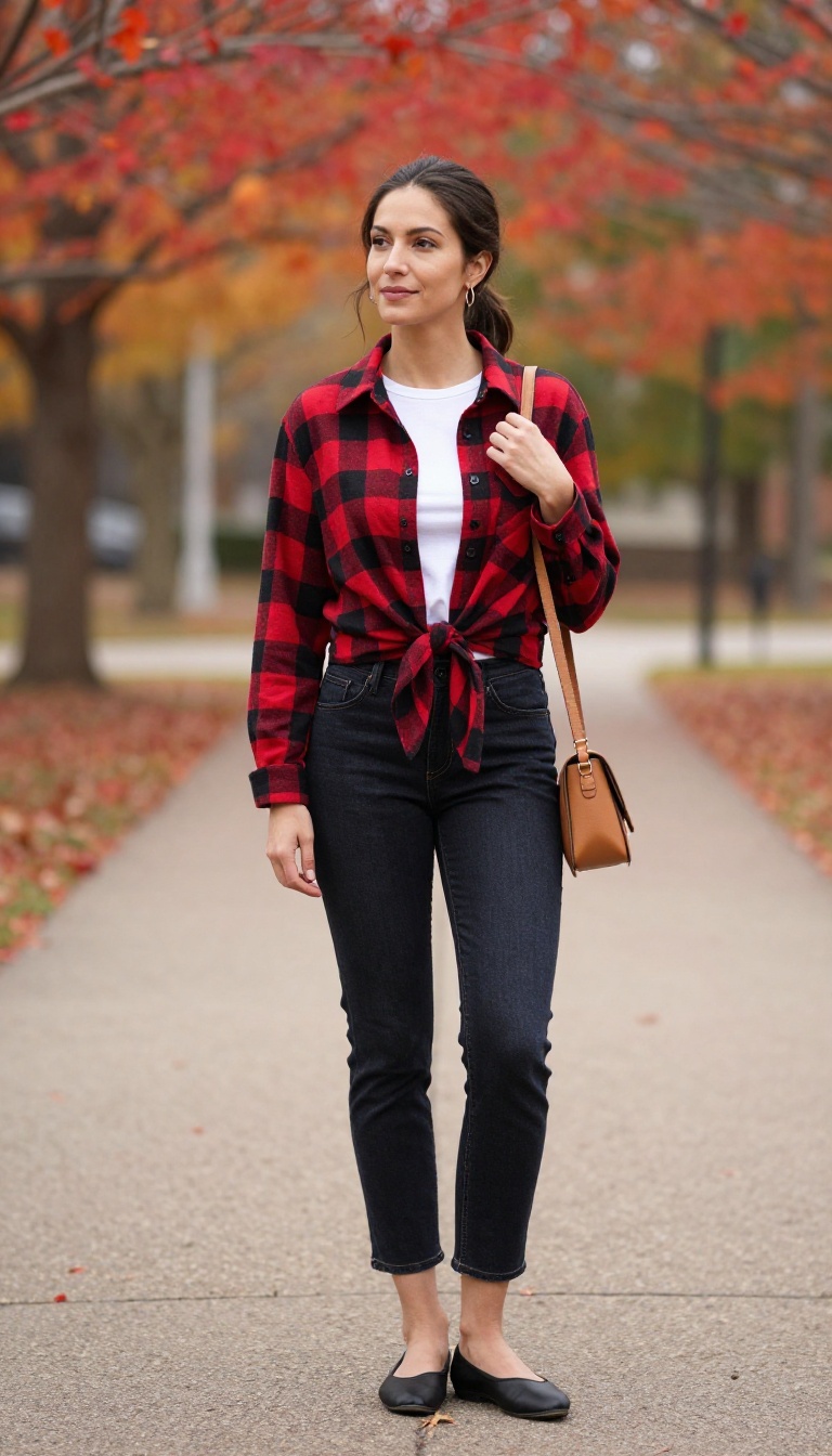 7. Preppy: Plaid Shirt and Dark Wash Cropped Jeans