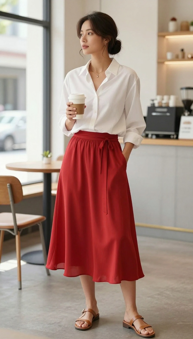 3. Red Silk Skirt with a Classic White Shirt