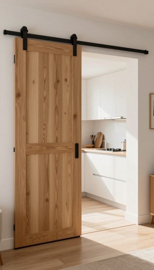 Modern open kitchen with a sliding barn door partition on matte black track hardware, partially open to reveal a bright kitchen and cozy living space in natural daylight.