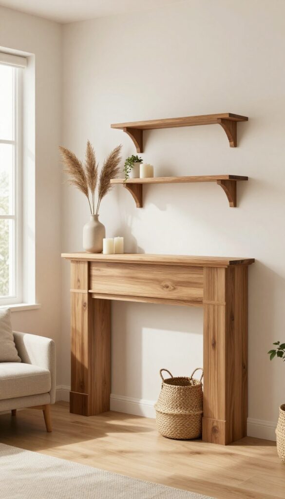 Small bright living room fireplace with a dark wood mantel shelf styled with a tall vase, candles, and a small plant in natural light