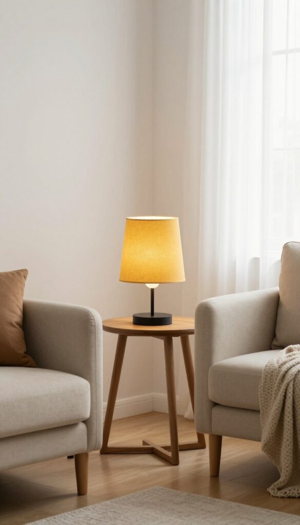 Cozy living room reading corner with a mustard yellow fabric lampshade glowing warmly on a black lamp base beside a neutral armchair in bright natural light