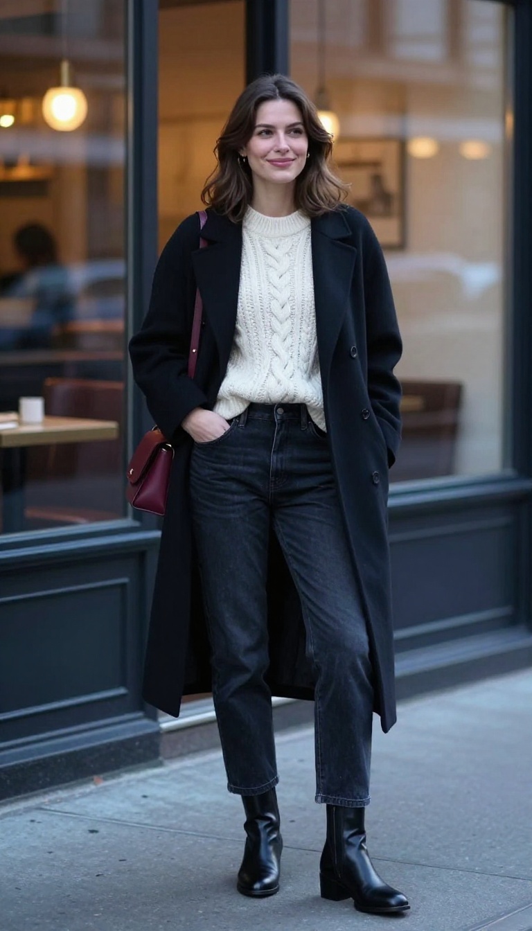 3. High-Waisted Mom Jeans + Chunky Cable Knit + Longline Coat
