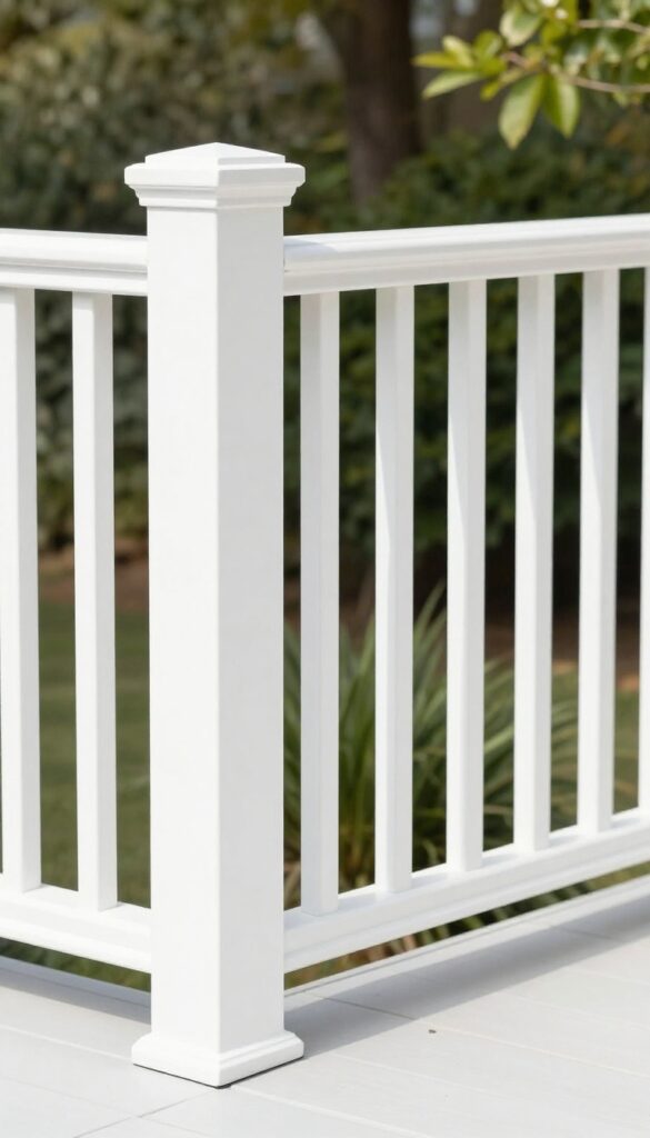 Classic white painted wooden deck railing with evenly spaced vertical balusters against green foliage in bright natural light