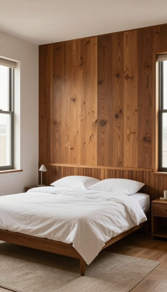 3. Wooden Accent Wall Behind the Bed idea