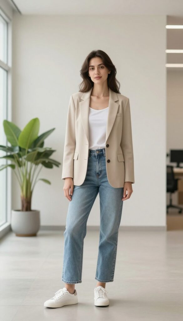 Woman in light wash jeans and a neutral beige blazer standing in a bright office hallway, styled with a simple top and minimal shoes
