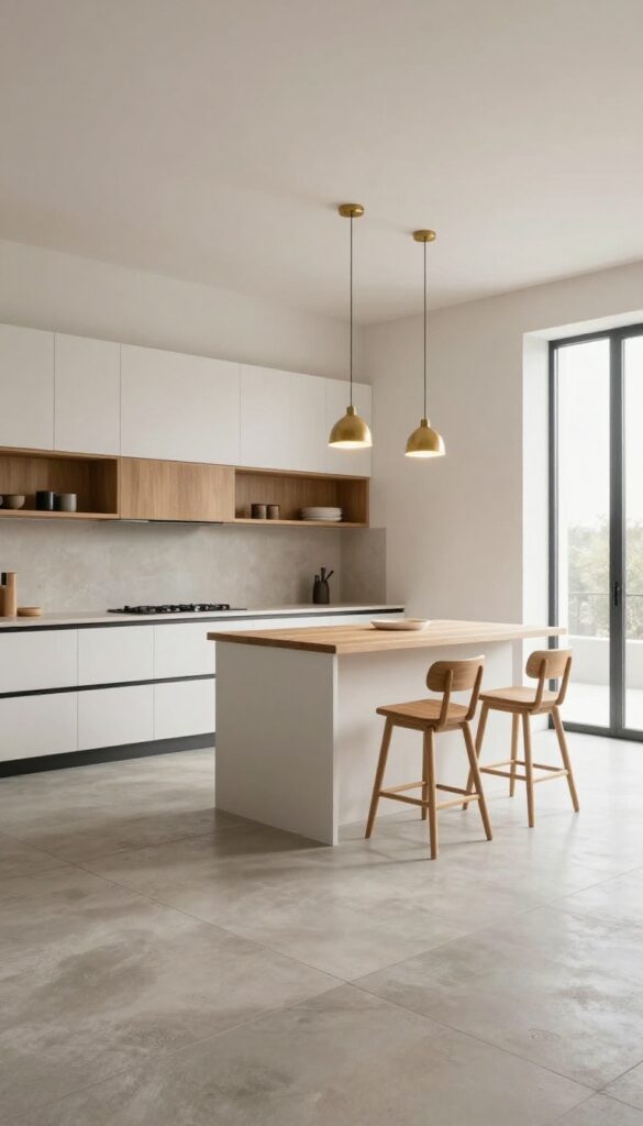 Minimalist modern kitchen with seamless concrete-look tile flooring, white cabinets, black hardware, wood accents, and bright natural light
