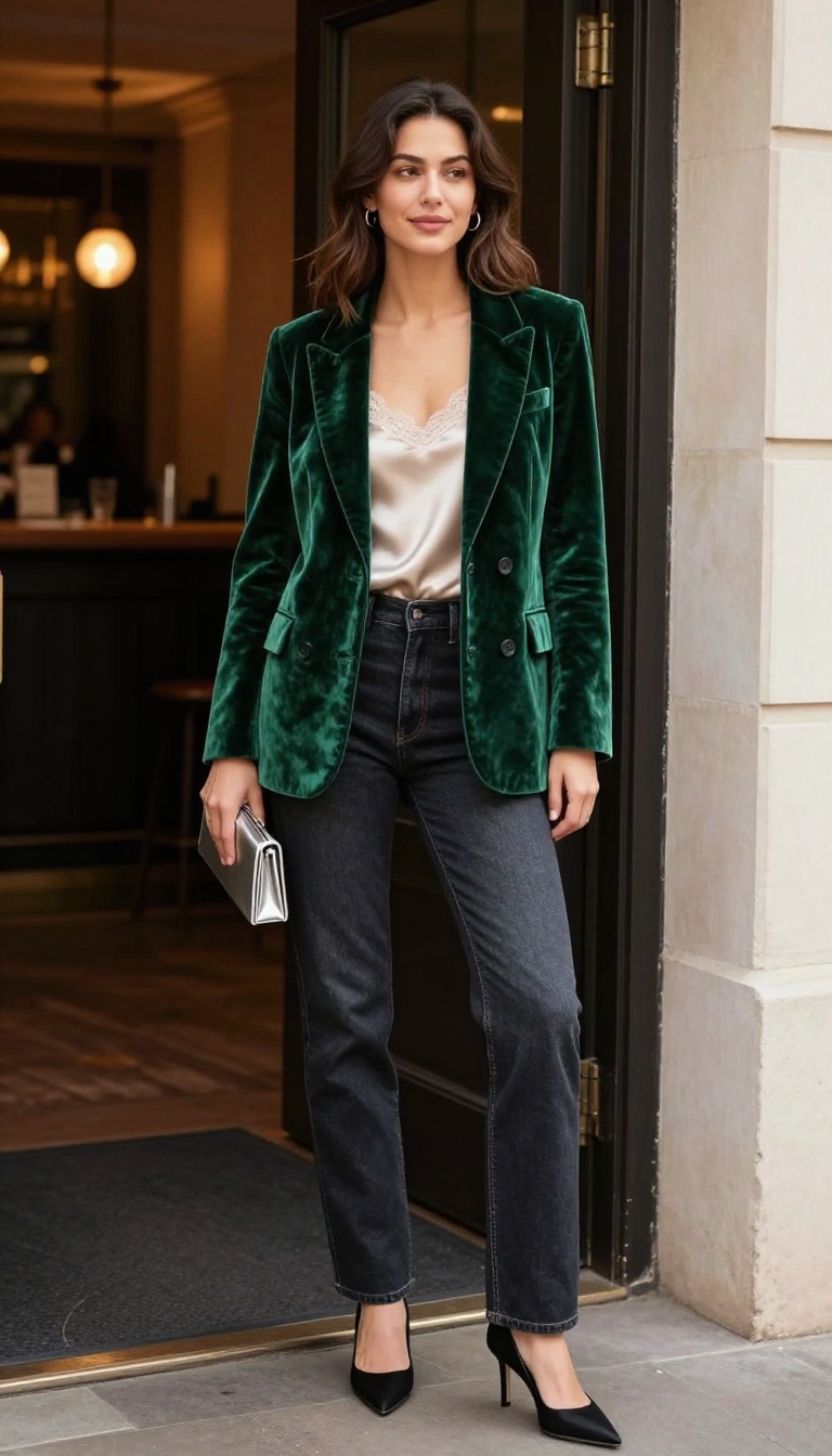 4. Velvet Blazer over Dark Wash Jeans