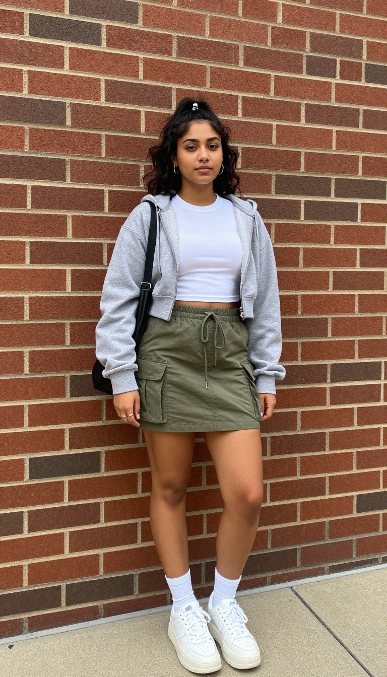 7. Cargo Mini Skirt + Baby Tee + Zip Hoodie