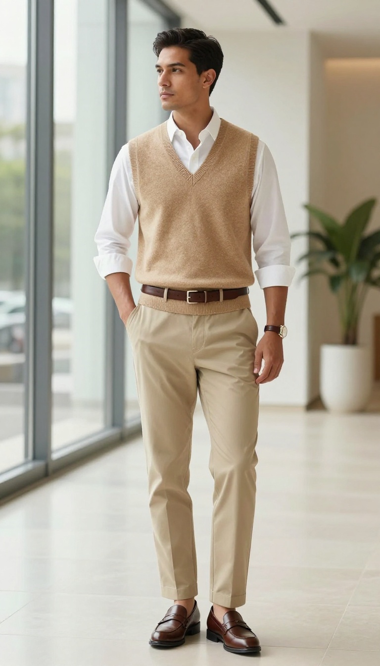 3. The Knit Vest Layering Trick: Oxford Shirt and Tailored Chinos