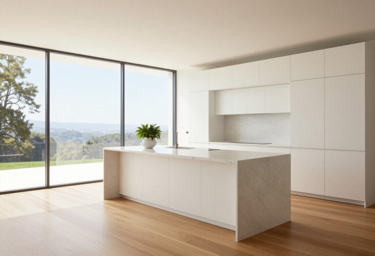 Bright modern kitchen with full-height white cabinets, quartz counters, and natural light for a luxurious feel