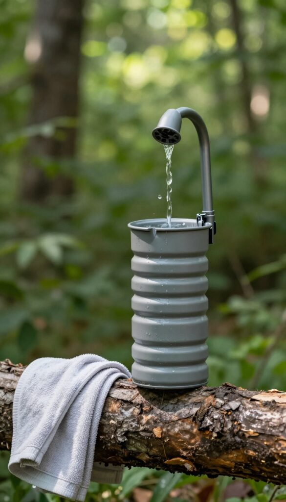 A collapsible water container shower hanging from a tree branch at a sunny campsite, with a nozzle and clip valve, surrounded by folded gear and a towel on a log.