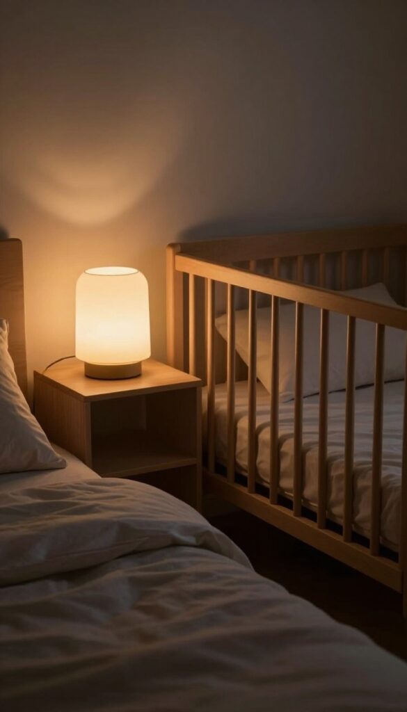 Cozy shared bedroom at night with a warm dimmed bedside lamp and a soft amber nightlight glowing near a wooden crib, creating calm layered lighting for baby and parent.