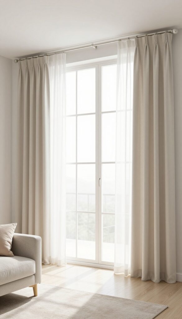 Bright small living room with tall neutral floor-length curtains hung high above a large window, letting in abundant natural light and making the space feel bigger