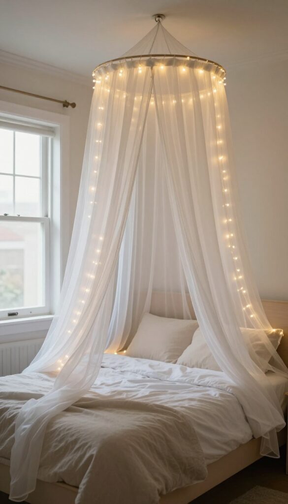 Cozy small bedroom with a sheer canopy over the bed wrapped in warm fairy lights glowing softly in bright natural light