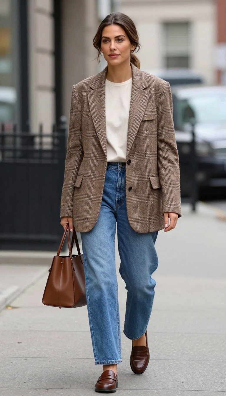 6. Plaid Blazer and Blue Baggy Jeans for Business Casual