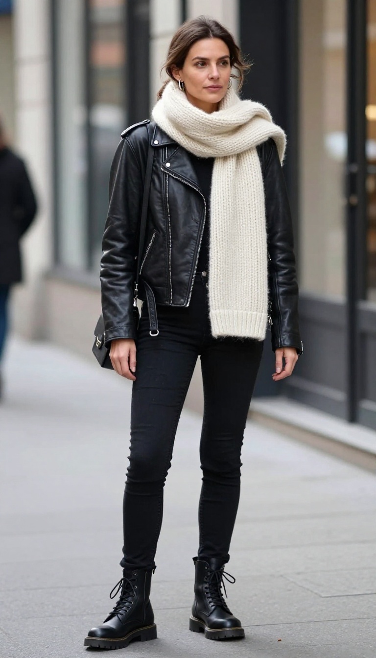 15. Leather Jacket with Black Jeans and a Chunky Scarf