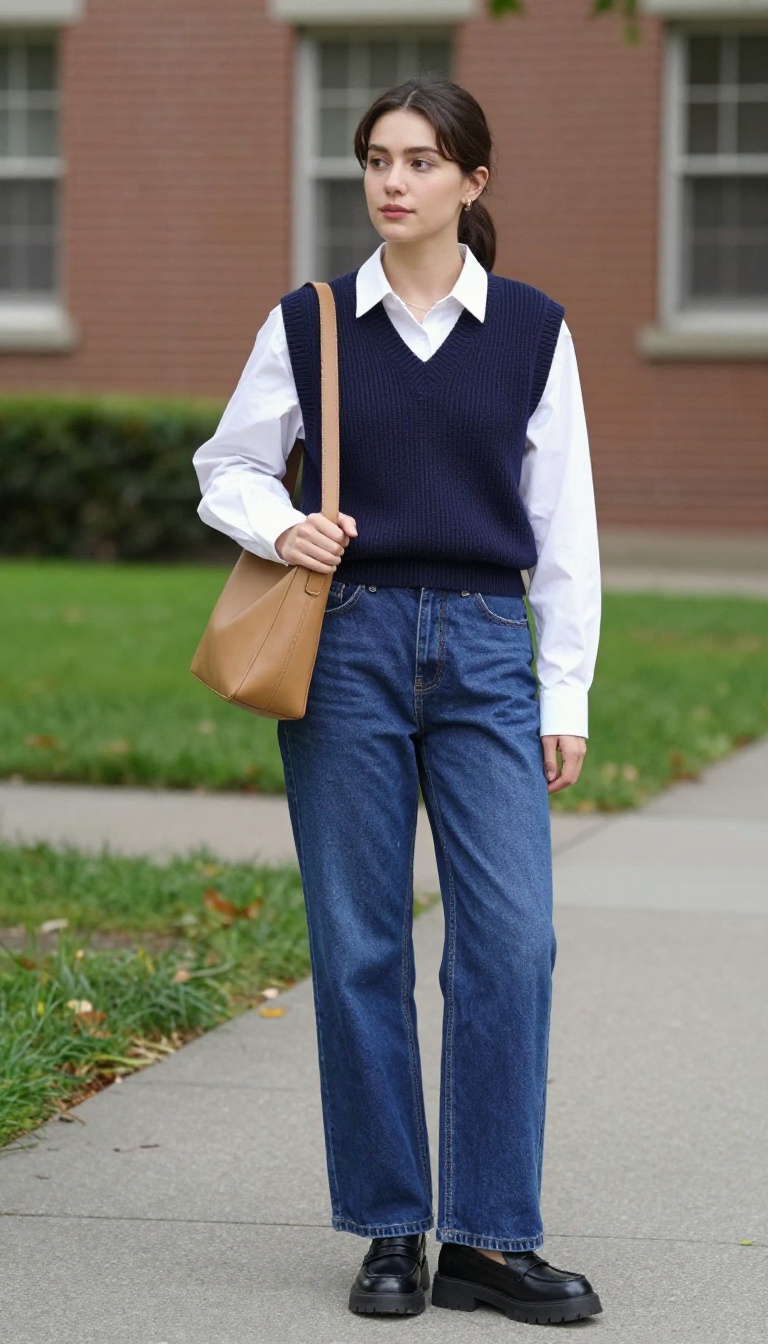 9. Knit Vest + Collared Shirt + Wide-Leg Jeans