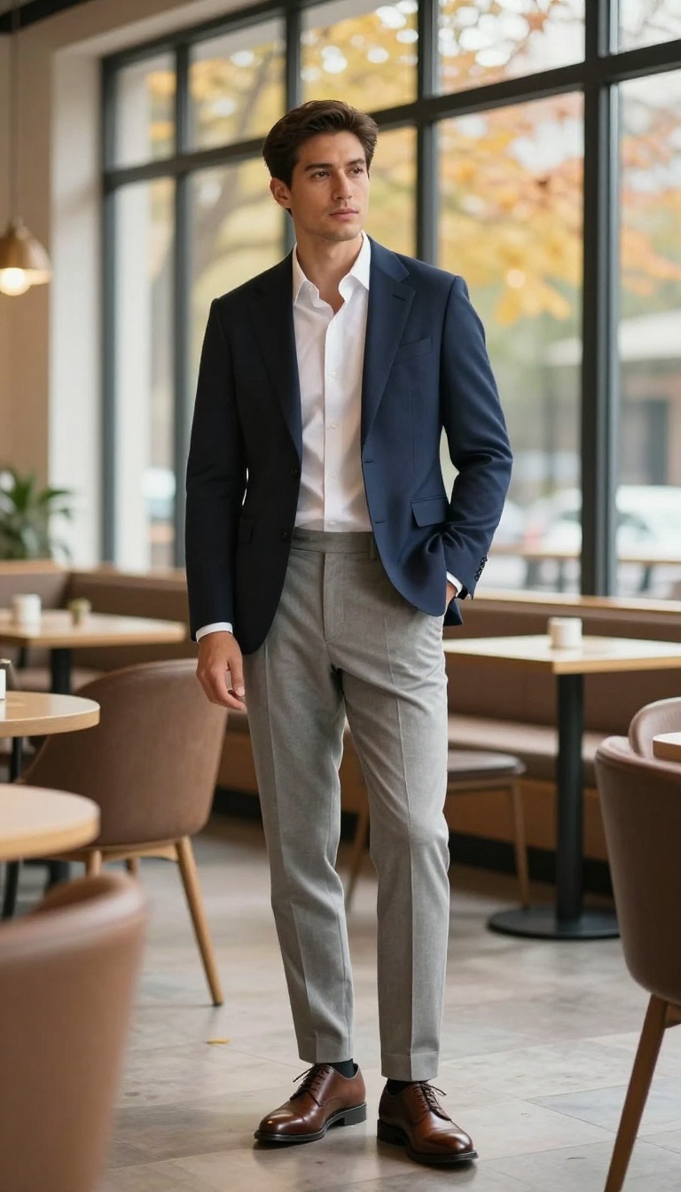 6. The Navy Blazer and Grey Trousers