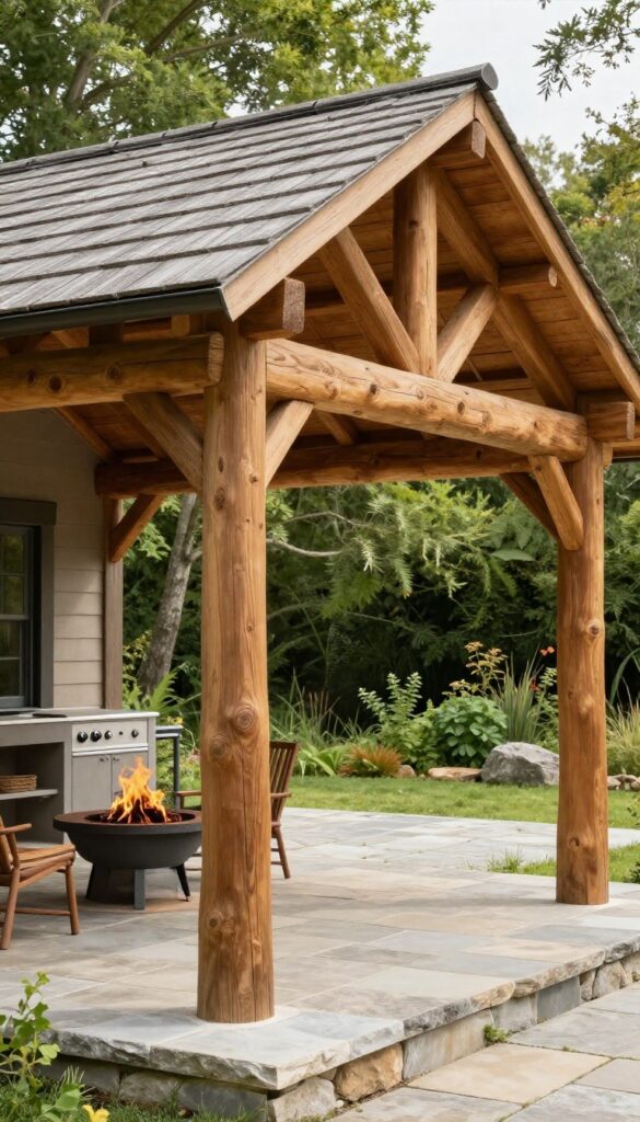 Rustic timber roof with thick exposed wooden beams over a backyard deck, with a stone patio, fire pit, and outdoor kitchen in warm natural light.