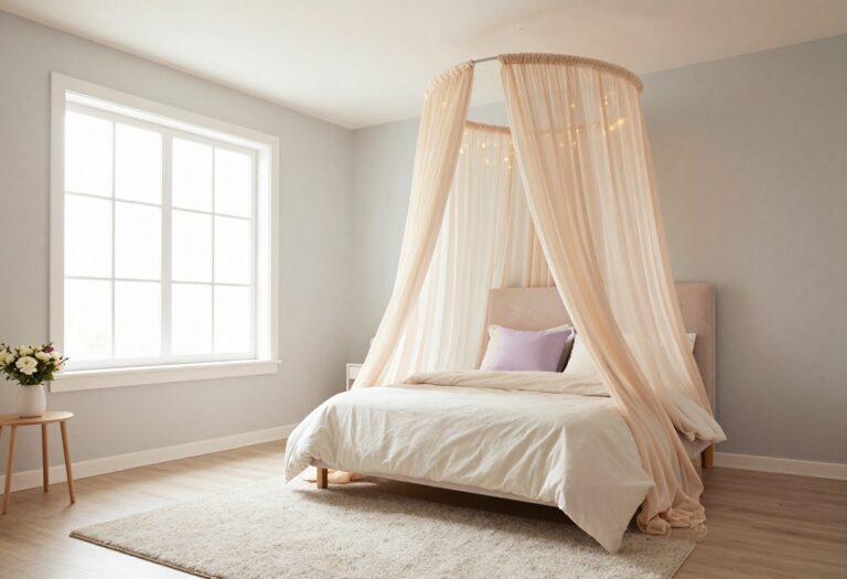 Bright princess-themed kids bedroom with a canopy bed draped in soft blush fabric and subtle fairy lights