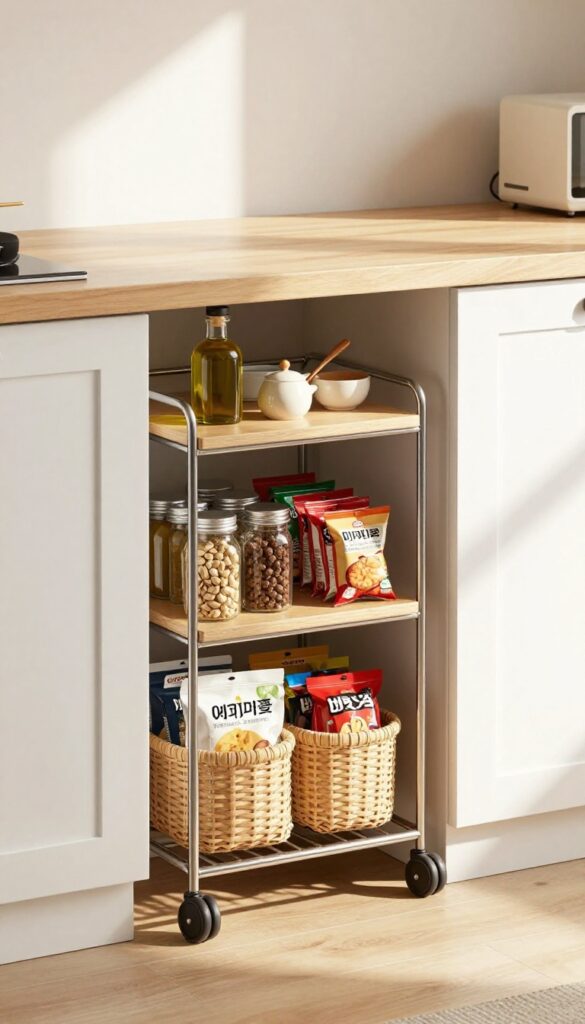 Slim rolling storage cart with three shelves filled with pantry items, tucked between a refrigerator and counter in a bright small kitchen.