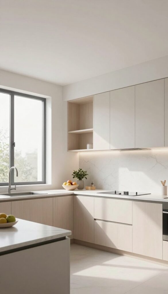 Bright modern kitchen with a rectangular tray ceiling featuring simple white trim, a darker recessed center, and soft recessed LED lighting adding height and dimension