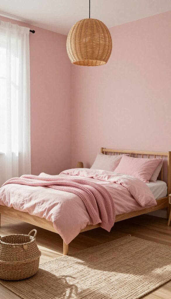Cozy pink kids bedroom with natural textures including wood furniture, rattan lighting, woven baskets, cotton bedding, and a jute rug in bright natural light