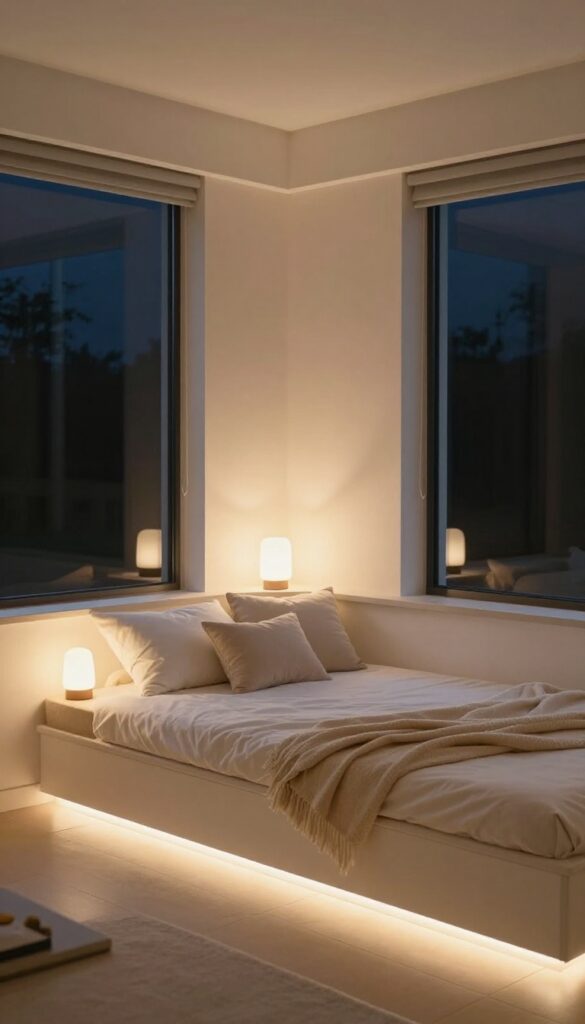 Cozy bedroom bay window at night with warm LED strip lights under the window seat, table lamps on each side, and wall sconces above the seating area creating soft ambient illumination.