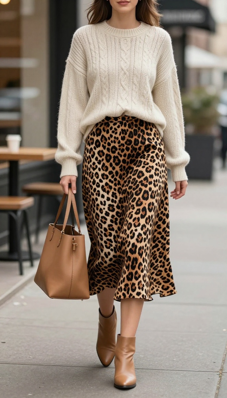 1. Cream Cable Knit and Leopard Midi Skirt