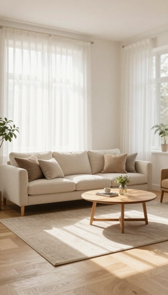 Bright living room sitting area with a large neutral area rug centered under a sofa, two armchairs, and a round coffee table, grounding the furniture in warm natural light