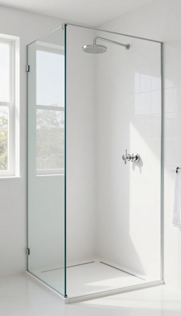 Bright modern shower with large white floor-to-ceiling tiles and a frameless glass panel in natural daylight
