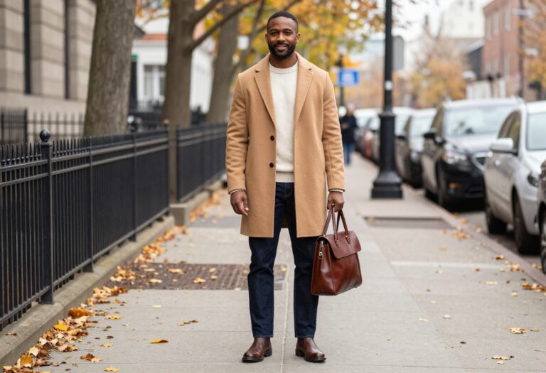 Man in camel overcoat and denim on autumn street