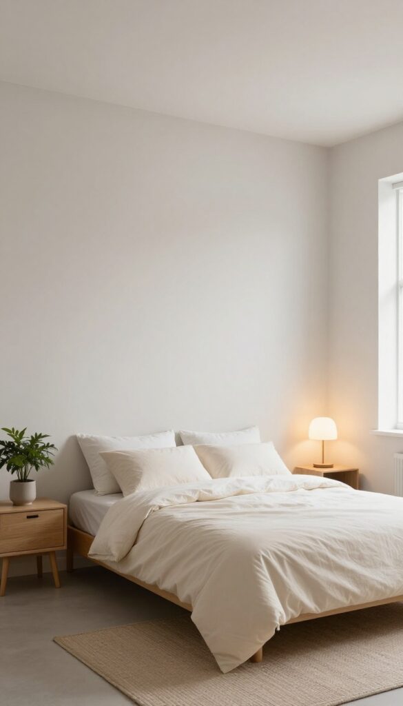 Bright windowless bedroom with soft warm white and light beige walls reflecting lamp light, a cream bed, and cozy minimal decor that makes the space feel open and airy.