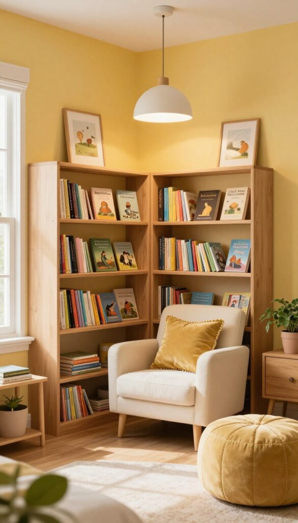 Cozy Belle-inspired reading nook bedroom with a buttery yellow accent wall, low forward-facing wooden bookshelves of picture books, a plush armchair, floor pouf, and a warm chandelier-style light in bright natural light.