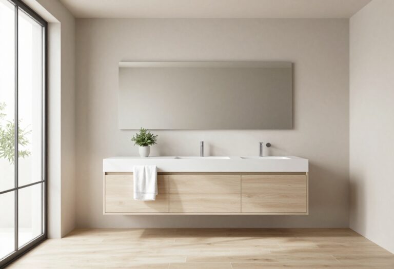 Bright modern bathroom with a floating single vanity, open floor space beneath, and soft natural light