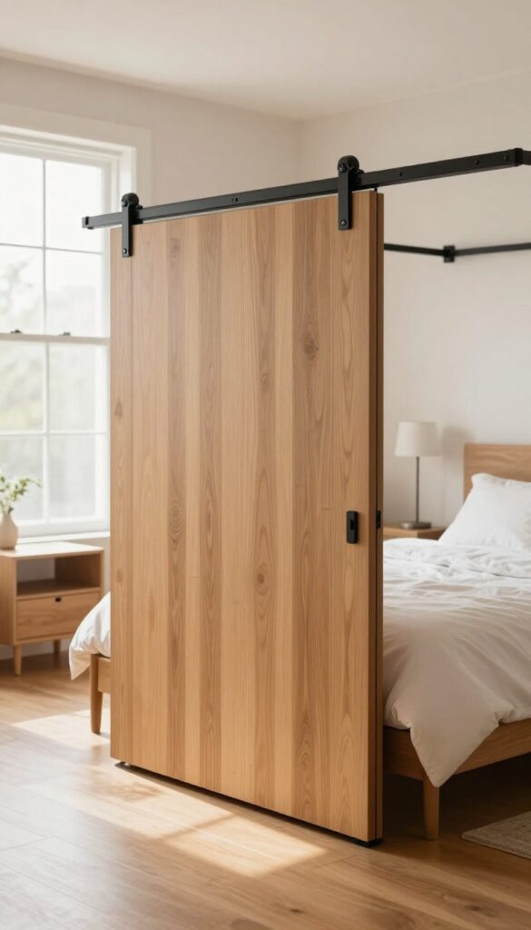 Modern bedroom with a wooden sliding barn-style cupboard door on an overhead exterior track, natural light, minimal decor