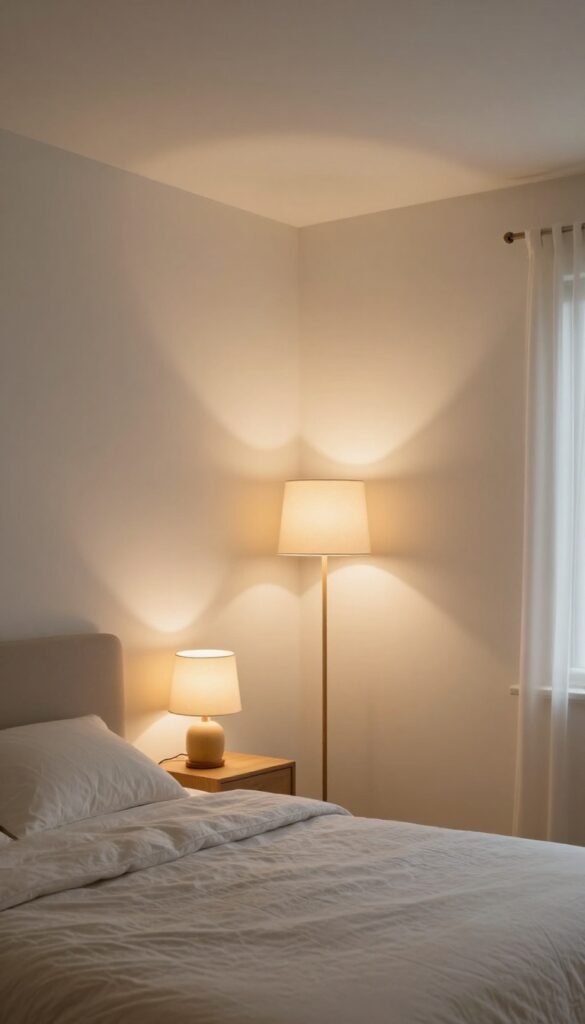 Windowless bedroom brightened by layered lighting including a ceiling light, two bedside lamps with light shades, and a corner floor lamp