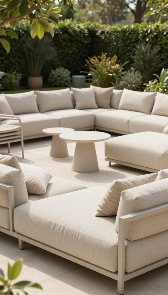 Bright backyard deck with lightweight modular outdoor sofas, stackable chairs, a movable side table, and versatile poufs arranged in a flexible symmetrical layout.