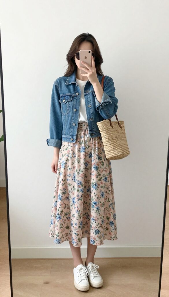 Woman in a light blue cropped denim jacket and floral midi skirt, taking a mirror selfie, with white sneakers and a straw bag, in a bright room.