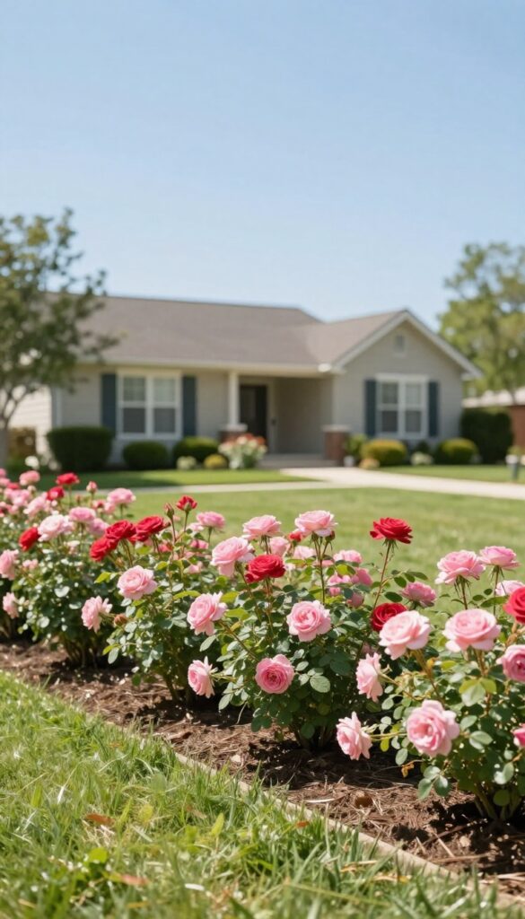 Low rose hedge with pink and red blooms lining a bright suburban front yard, adding soft privacy and color in front of a house