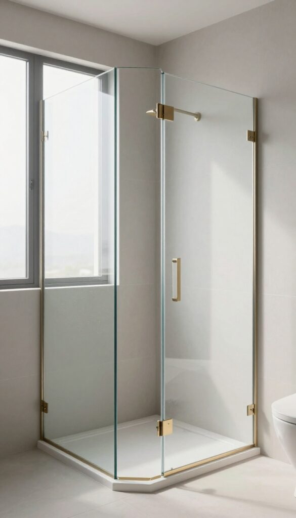 Modern bathroom with a frameless glass shower enclosure and brushed brass hardware, bright natural light, clean minimal tile, open and airy design