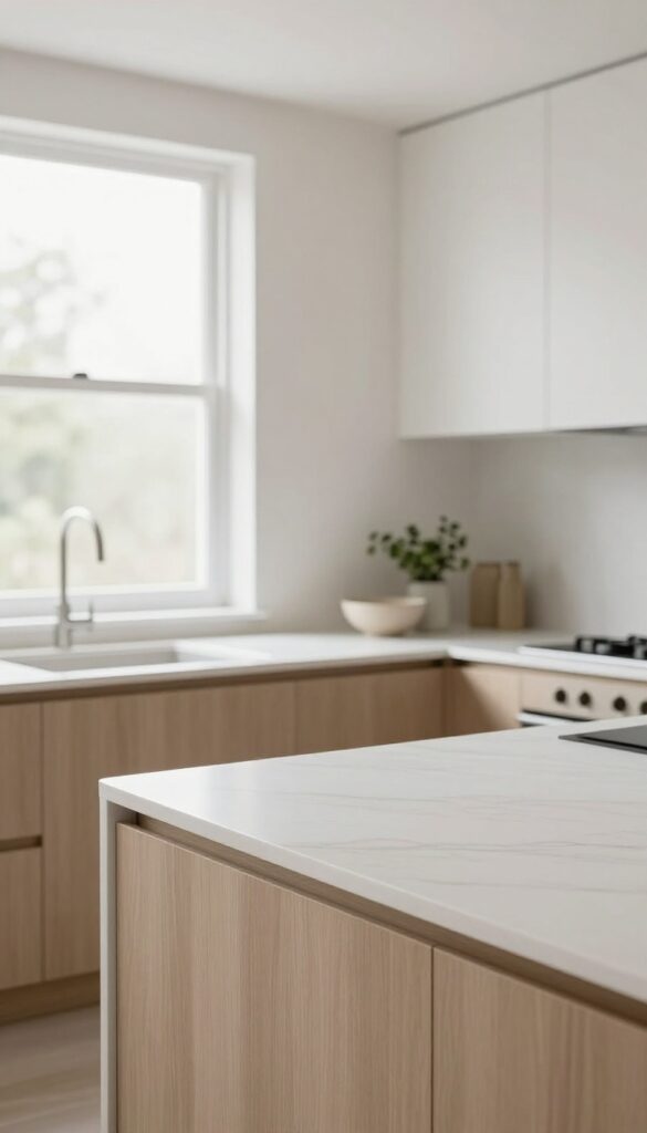 Bright modern kitchen with an oversized soft white quartz countertop featuring a clean straight edge and minimal veining