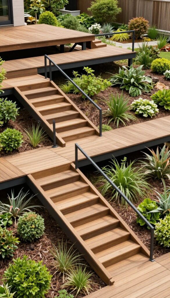 Multi-level wooden deck with connected platforms and staggered stairs stepping down a sloped backyard, surrounded by garden beds in bright natural light