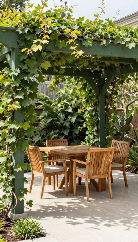 A wooden pergola deck covered in climbing green vines and foliage, with neutral outdoor furniture in soft dappled shade, photographed in bright natural light for a blog.