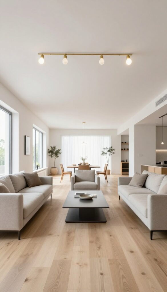 Minimalist linear chandelier with evenly spaced bulbs mounted on a white ceiling in a long bright modern living room, spreading balanced light across clean-lined furniture and open concept space