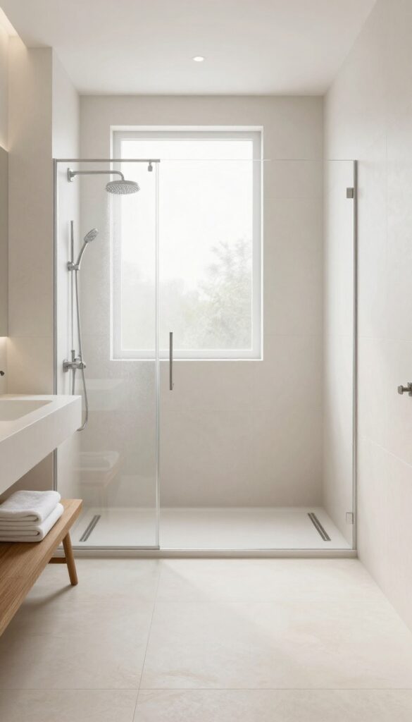Bright modern bathroom with a curbless open walk-in shower, large-format beige tiles flowing seamlessly across the floor, a linear drain, and a wall-mounted rain shower head in natural light.