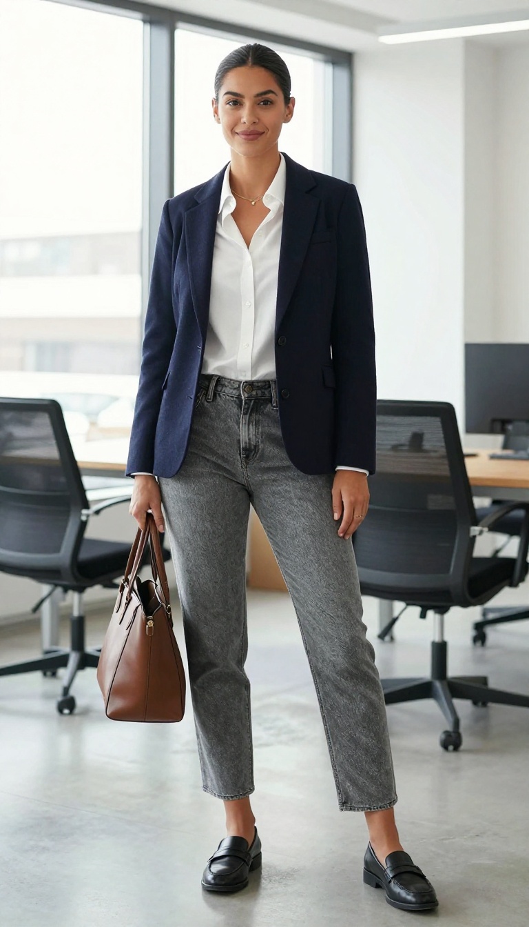 4. Grey Flannel Jeans + White Shirt + Navy Wool Blazer